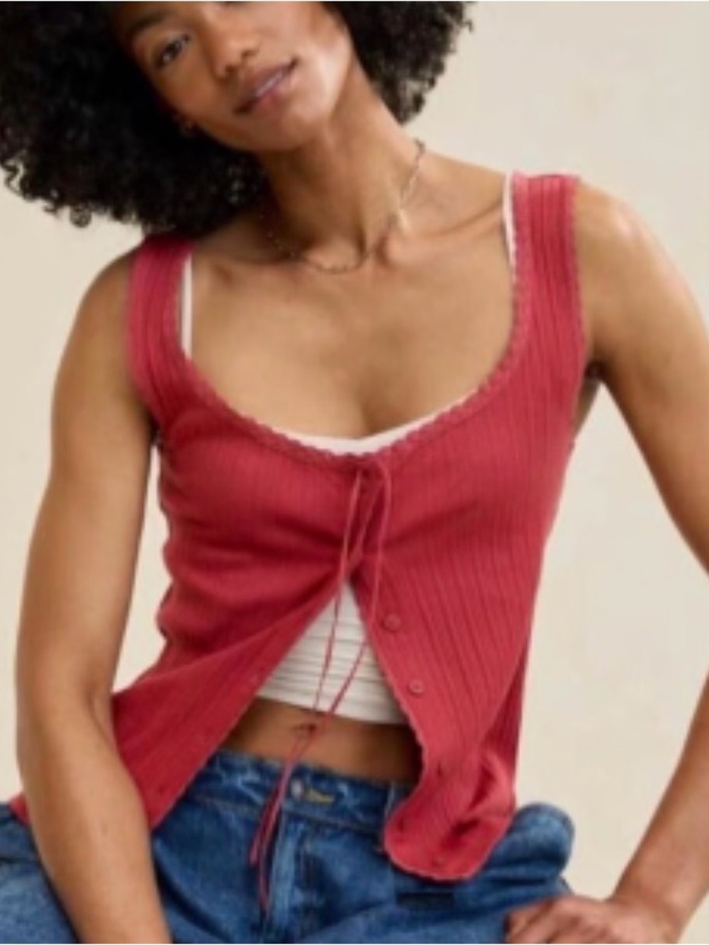 aerie Ribbed Lace-Trim Tie-Front Tank in Rose Red